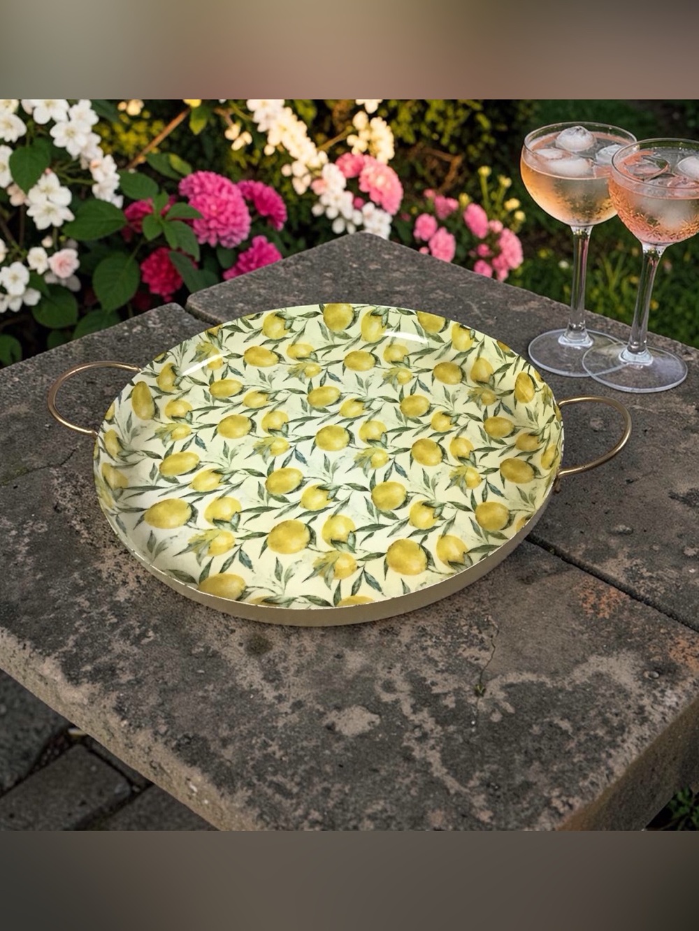 Large Metal Lemon Tray With Handles 17” Round